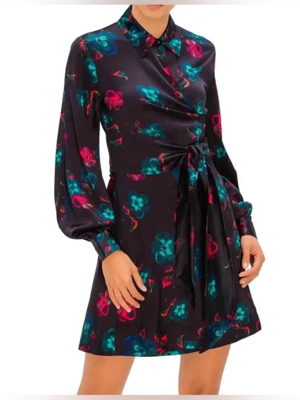 Ganni Black Satin Floral Wrap Dress Long Sleeve Balloon Sleeve Size 42 10